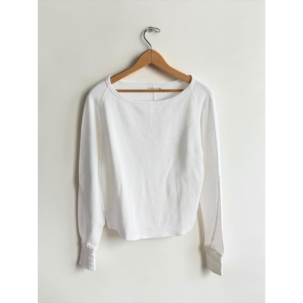 We The Free Free People White Waffle Knit Thermal Boat Neck Top Small